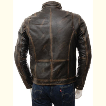Mens Slim Fit Vintage Distressed Brown Cafe Leather Jacket